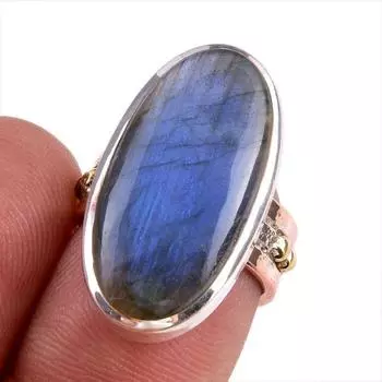 Natural Labradorite Gemstone 925 Solid Silver Jewelry Ring Two Tone S.5.5 q3I55
