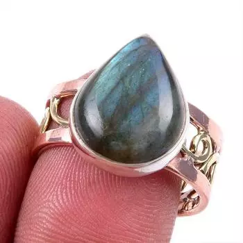 Natural Labradorite Gemstone 925 Solid Silver Jewelry Two Tone Ring S.9US w3i54