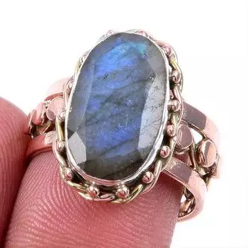 Natural Labradorite Gemstone 925 Solid Silver Jewelry Two Tone Ring S.8US N3O54