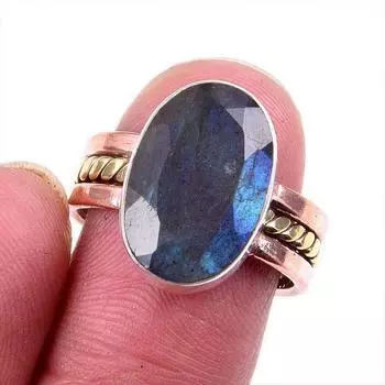 Natural Labradorite Gemstone 925 Solid Silver Jewelry Two Tone Ring S.7.5US M6Y92