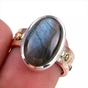 Natural Labradorite Gemstone 925 Solid Silver Jewelry Ring Two Tone S.6.5 V4Z90