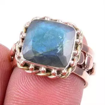 Natural Labradorite Gemstone 925 Solid Silver Jewelry Two Tone Ring S.6.5US H8C19