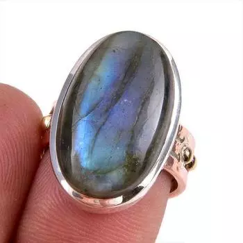 Natural Labradorite Gemstone 925 Solid Silver Jewelry Ring Two Tone Size 6 l1m31
