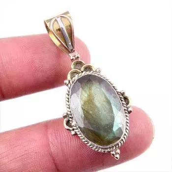 Natural Labradorite Gemstone 925 Solid Sterling Silver TwoTone Pendant 1.5 f7w17