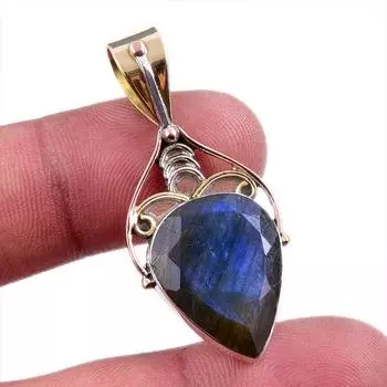 Natural Labradorite Gemstone 925 Solid Sterling Silver TwoTone Pendant 1.5 I0B47