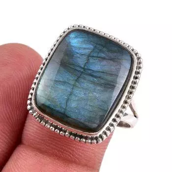 Natural Labradorite Gemstone 925 Solid Sterling Silver Jewelry Ring Size 10 D4Q76