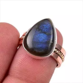 Natural Labradorite Gemstone 925 Solid Sterling Silver Two Tone Ring S.6.5 k5g51