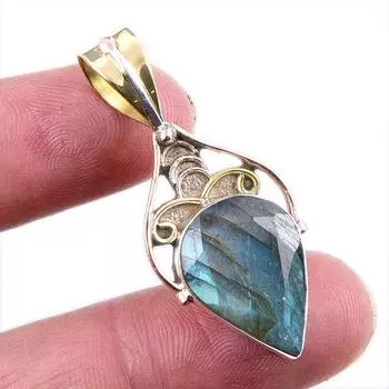 Natural Labradorite Gemstone 925 Solid Sterling Silver TwoTone Pendant 1.5 v7R98