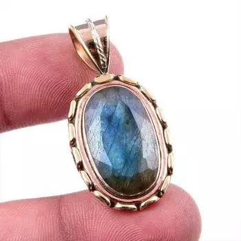 Natural Labradorite Gemstone 925 Solid Sterling Silver TwoTone Pendant 1.5 Q3A45