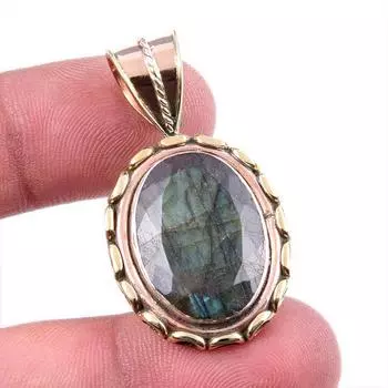 Natural Labradorite Gemstone 925 Solid Sterling Silver TwoTone Pendant 1.5 m5B16