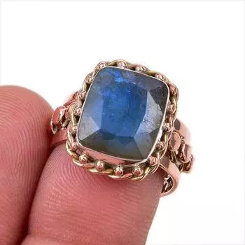 Natural Labradorite Gemstone 925 Solid Sterling Silver Two Tone Ring S.6.5 v8V96