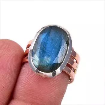 Natural Labradorite Gemstone 925 Solid Sterling Silver Two Tone Ring Size 5 I6y56
