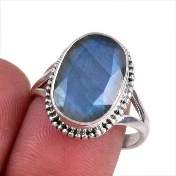 Natural Labradorite Gemstone 925 Solid Sterling Silver Jewelry Ring Size 9 F0Q34
