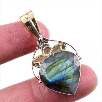 Natural Labradorite Gemstone 925 Solid Sterling Silver TwoTone Pendant 1.5 N1F57