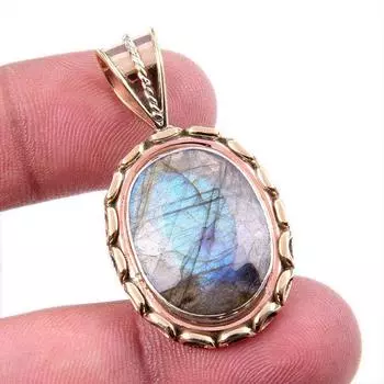 Natural Labradorite Gemstone 925 Solid Sterling Silver TwoTone Pendant 1.5 Q4h29