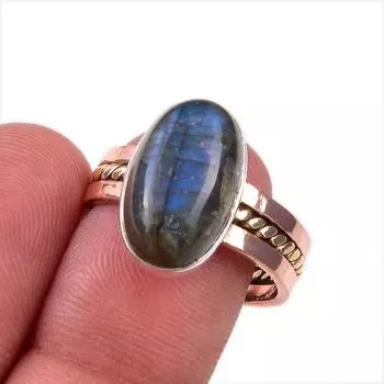 Natural Labradorite Gemstone 925 Solid Sterling Silver Two Tone Ring S.8.5 H6C84