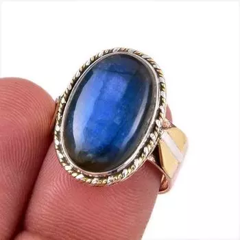 Natural Labradorite Gemstone 925 Solid Sterling Silver Two Tone Ring Size 7 T6Q24