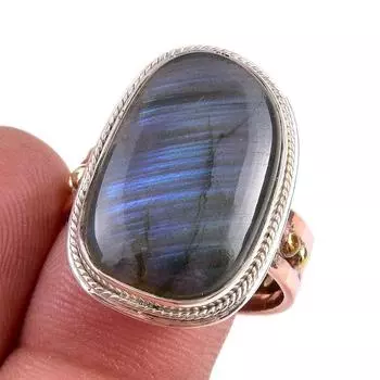 Natural Labradorite Gemstone 925 Sterling Silver Jewelry Two Tone Ring S.10 W2P05