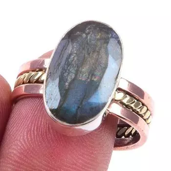 Natural Labradorite Gemstone 925 Sterling Silver Jewelry Two Tone Ring S.10 D9t56