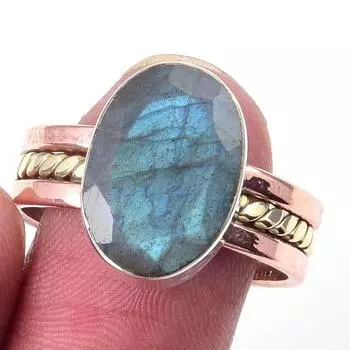 Natural Labradorite Gemstone 925 Sterling Silver Jewelry Two Tone Ring S.10 C0J84