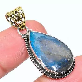 Natural Labradorite Gemstone 925 Sterling Silver Two Tone Pendant 1.65 z5O55