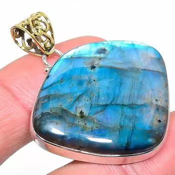 Natural Labradorite Gemstone 925 Sterling Silver Two Tone Pendant 1.77 R2m03