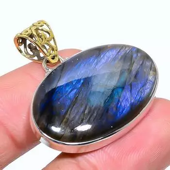 Natural Labradorite Gemstone 925 Sterling Silver Two Tone Pendant 1.42 O8R34