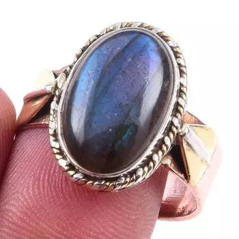 Natural Labradorite Gemstone 925 Sterling Silver Two Tone Ring Size 10.5 G4y37