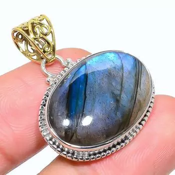Natural Labradorite Gemstone 925 Sterling Silver Two Tone Pendant 1.34 O8u54