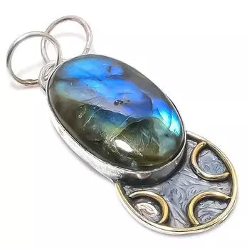 Natural Labradorite Gemstone 925 Sterling Silver Two Tone Pendant 2.21 o0J19