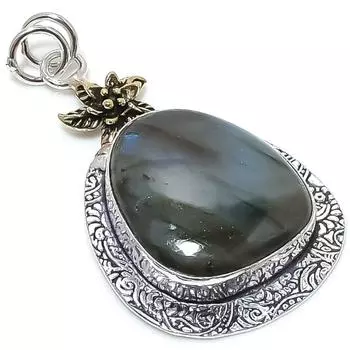 Natural Labradorite Gemstone 925 Sterling Silver Two Tone Pendant 2.25 B5j68