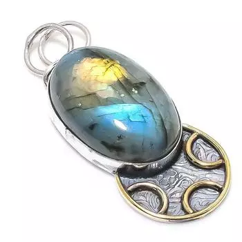 Natural Labradorite Gemstone 925 Sterling Silver Two Tone Pendant 2.13 b0b25