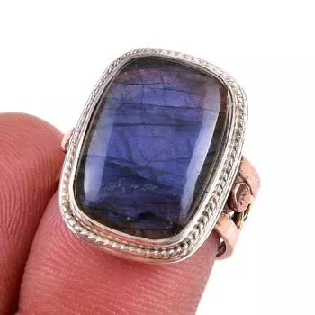 Natural Labradorite Gemstone 925 Sterling Silver TwoTone Gift Ring S.6.5 H1E54