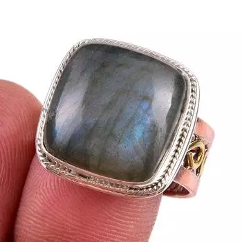 Natural Labradorite Gemstone 925 Sterling Silver TwoTone Gift Ring S.9.5 o3G63