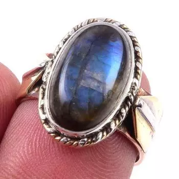 Natural Labradorite Gemstone 925 Sterling Silver TwoTone Gift Ring S.6.5 H2F25
