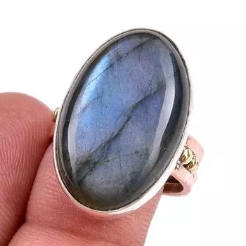 Natural Labradorite Gemstone 925 Sterling Silver TwoTone Gift Ring S.8.5 s7r24