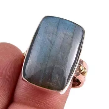 Natural Labradorite Gemstone 925 Sterling Silver TwoTone Gift Ring S.8.5 M0q07