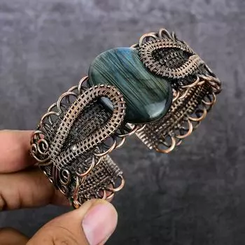 Natural Labradorite Gemstone Copper Wire Wrap Cuff Bangle Adjustable d7z45