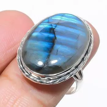 Natural Labradorite Gemstone Handmade 925 Solid Silver Jewelry Ring Size 9 W9C15