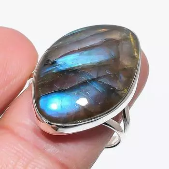 Natural Labradorite Gemstone Handmade 925 Solid Silver Jewelry Ring Size 9 K2A83