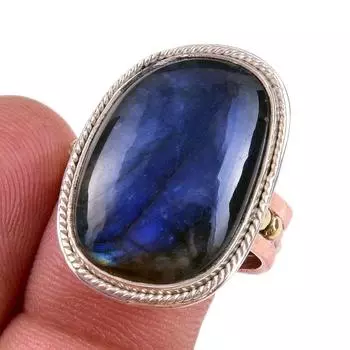 Natural Labradorite Gemstone Handmade 925 Sterling Silver Two Tone Ring S.9 S3r59