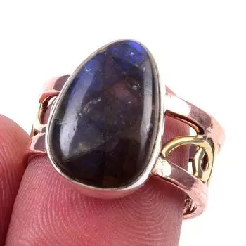 Natural Labradorite Gemstone Handmade 925 Sterling Silver Two Tone Ring S.7 P9W45