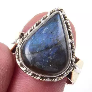 Natural Labradorite Gemstone Handmade 925 Sterling Silver Two Tone Ring S.9 N8Y92