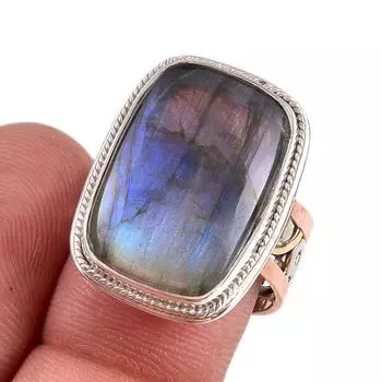 Natural Labradorite Gemstone Handmade 925 Sterling Silver Two Tone Ring S.8 P6m38