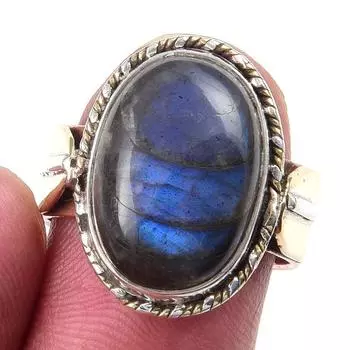Natural Labradorite Gemstone Handmade 925 Sterling Silver Two Tone Ring S.7 D4v84
