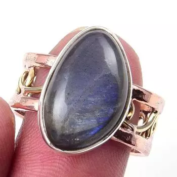 Natural Labradorite Gemstone Handmade 925 Sterling Silver Two Tone Ring S.9 R9i16