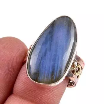 Natural Labradorite Gemstone Handmade 925 Sterling Silver Two Tone Ring S.8 R1R49