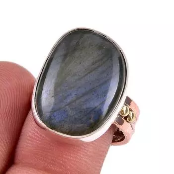 Natural Labradorite Gemstone Handmade 925 Sterling Silver Two Tone Ring S.8 I7h45