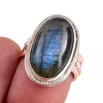 Natural Labradorite Gemstone Handmade 925 Sterling Silver Two Tone Ring S.6 E0V33