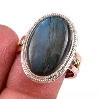 Natural Labradorite Gemstone Handmade 925 Sterling Silver Two Tone Ring S.9 H9E58